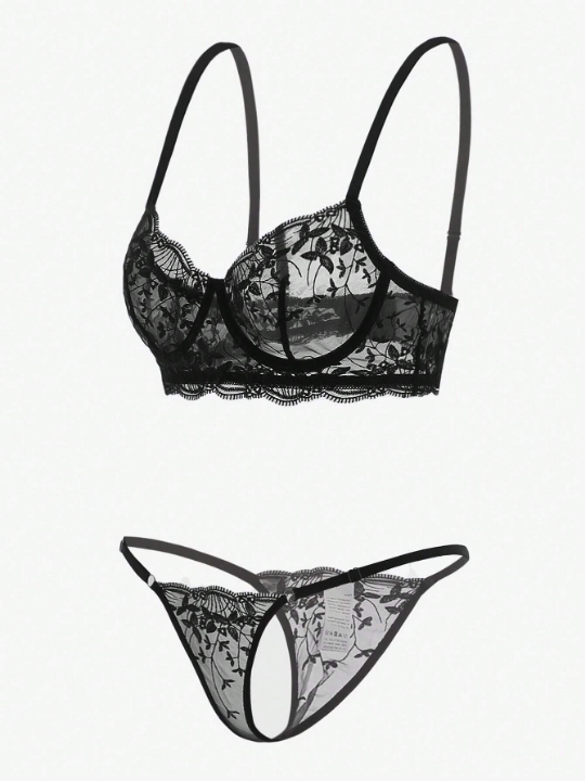 Classic Sexy Embroidered Mesh Underwire Lingerie Set