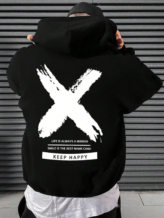 Men Slogan Graphic Kangaroo Pocket Drawstring Hoodie