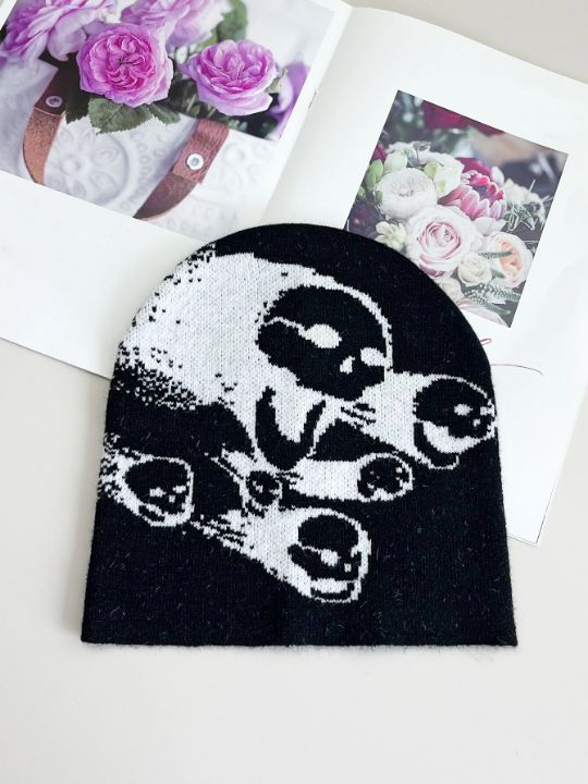 1pc Knitted Jacquard Ghost Skull Pattern Soft, Lightweight, Breathable Fashion Hat For Street Hip-hop, Winter