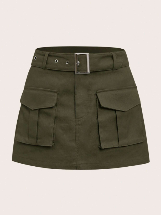 EZwear Grunge Black Flap Pocket Buckle Belted Cargo Skirt-ArmyGreen