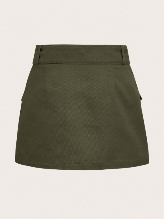 EZwear Grunge Black Flap Pocket Buckle Belted Cargo Skirt-ArmyGreen
