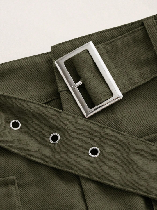 EZwear Grunge Black Flap Pocket Buckle Belted Cargo Skirt-ArmyGreen