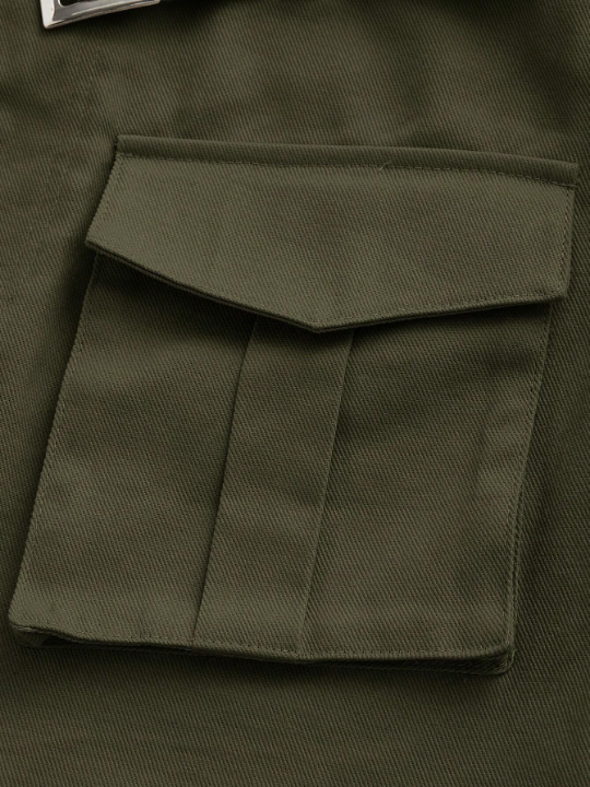 EZwear Grunge Black Flap Pocket Buckle Belted Cargo Skirt-ArmyGreen