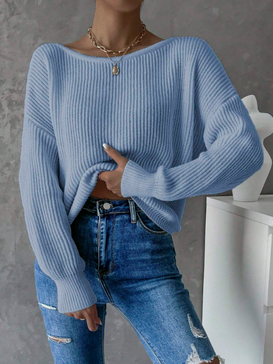 Priv Twist Backless Drop Shoulder Ribbed Knit Sweater