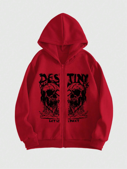 ROMWE Men Skull & Letter Graphic Zip Up Thermal Lined Hoodie