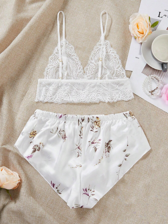 Classic Sexy Floral Lace Bralette With Floral Print Satin Shorts