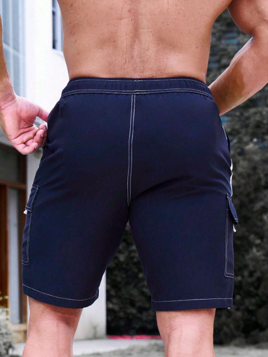 Manfinity Swimmode Men Top-stitching Flap Pocket Drawstring Waist Beach Shorts