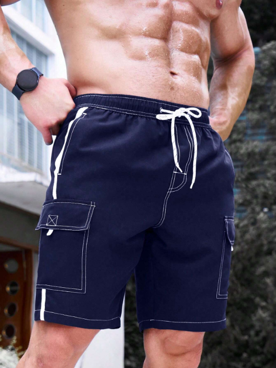 Manfinity Swimmode Men Top-stitching Flap Pocket Drawstring Waist Beach Shorts