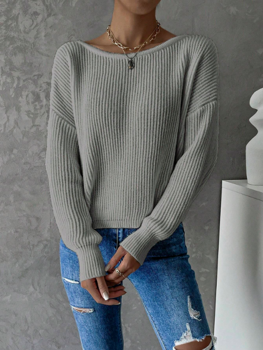 Frenchy Twist Back Batwing Sleeve Ribbed Knit Sweater