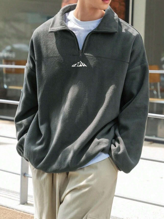 Manfinity Homme Men Mountain Embroidery Quarter Zipper Drop Shoulder Fleece Sweatshirt Without Tee