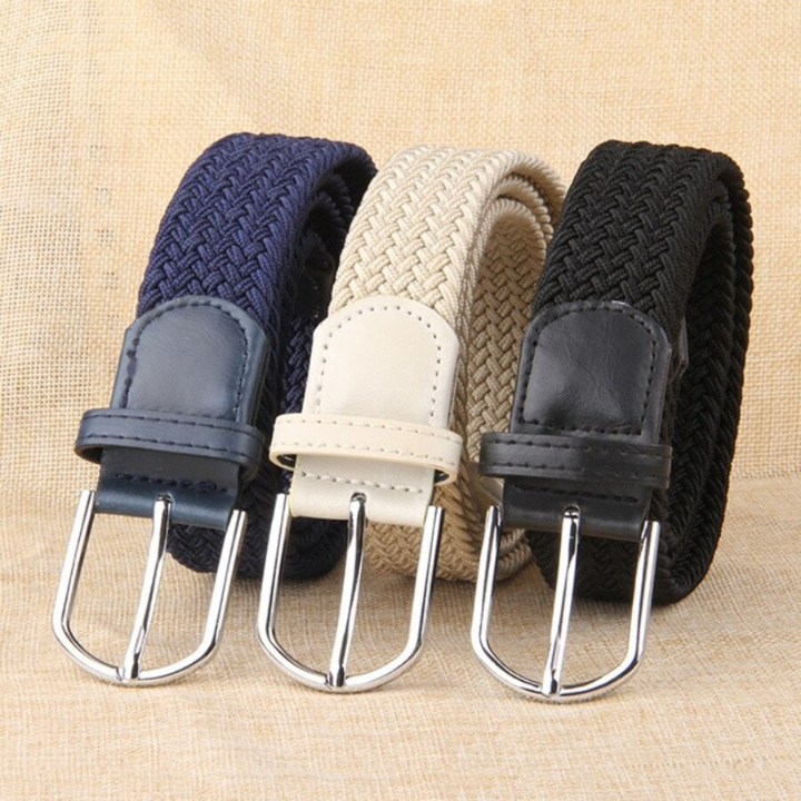 Men's Simple Elastic Woven Belt With Pin Buckle, Black, Suitable For Daily Wear, Length 110cm