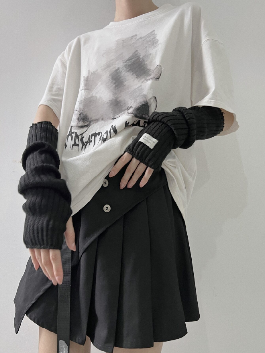 1 Pair Arm Warmers With Fabric Label Decor For Women, Ideal For Everyday, Dating, Home And Outdoor Use With Punk Rock And Y2k Element