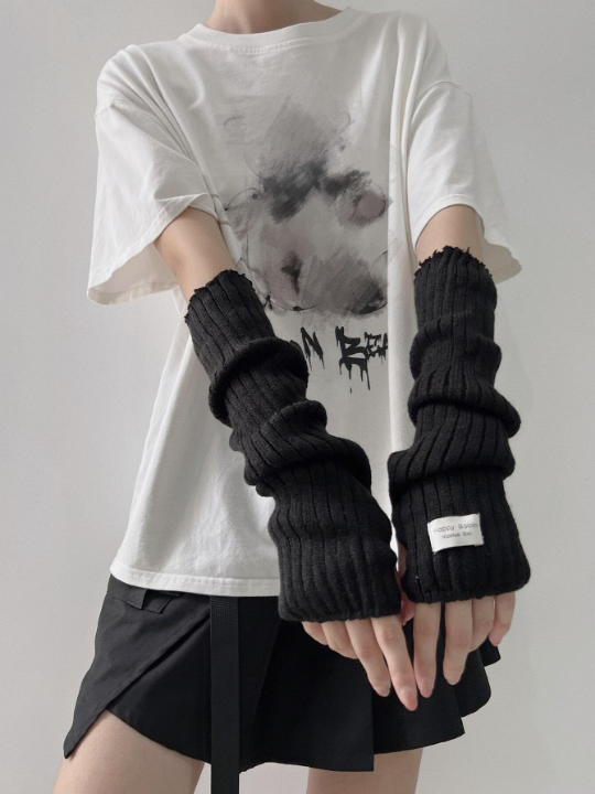 1 Pair Arm Warmers With Fabric Label Decor For Women, Ideal For Everyday, Dating, Home And Outdoor Use With Punk Rock And Y2k Element