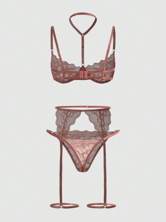 ROMWE Kawaii Floral Lace Underwire Garter Lingerie Set