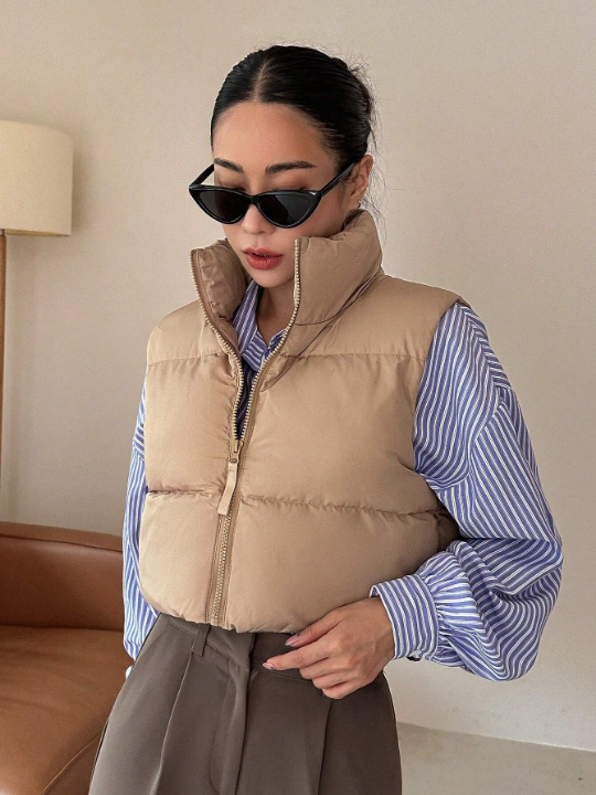 DAZY Zip Up Drawstring Hem Vest Puffer Thick Coat
