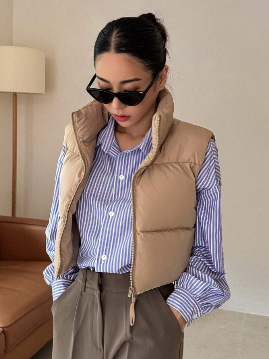 DAZY Zip Up Drawstring Hem Vest Puffer Thick Coat