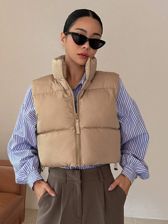 DAZY Zip Up Drawstring Hem Vest Puffer Thick Coat
