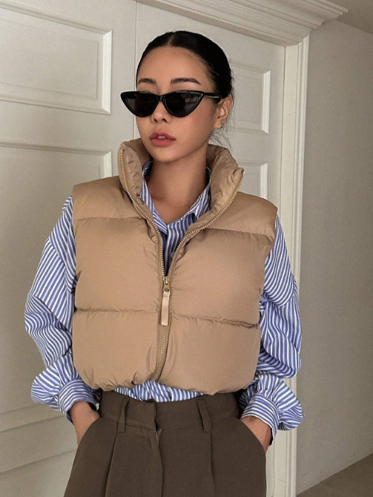 DAZY Zip Up Drawstring Hem Vest Puffer Thick Coat