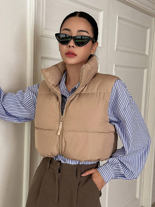 DAZY Zip Up Drawstring Hem Vest Puffer Thick Coat