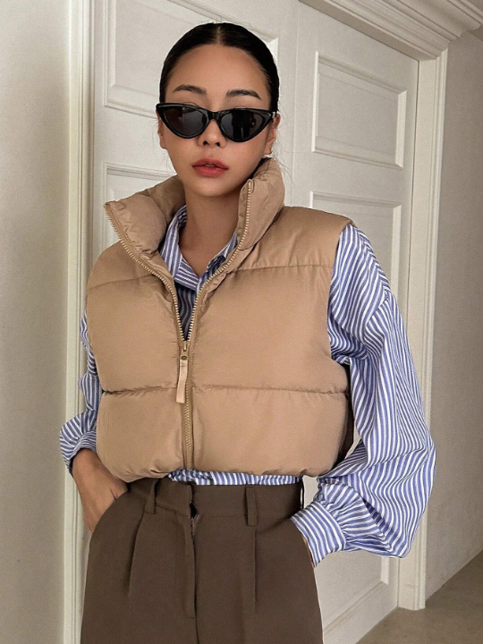 DAZY Zip Up Drawstring Hem Vest Puffer Thick Coat