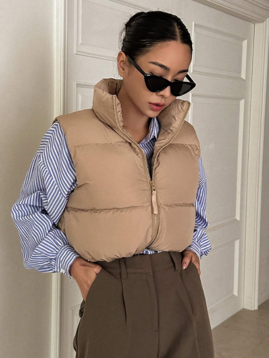 DAZY Zip Up Drawstring Hem Vest Puffer Thick Coat