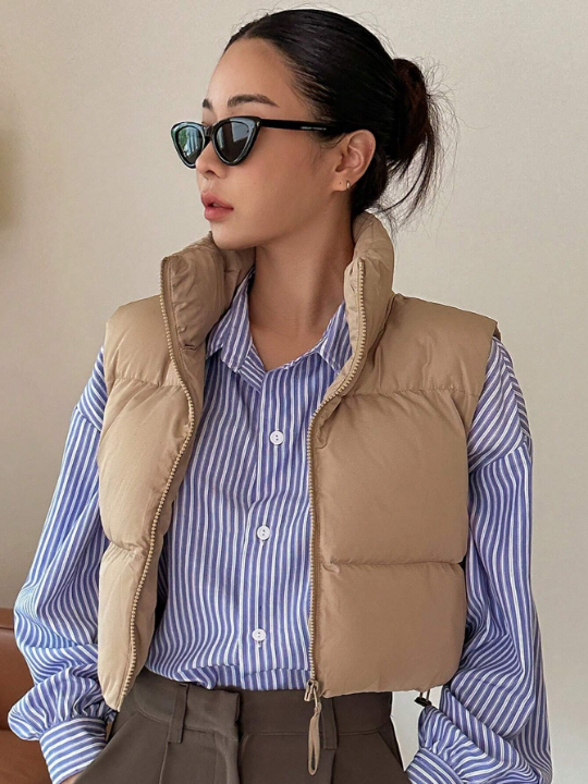 DAZY Zip Up Drawstring Hem Vest Puffer Thick Coat