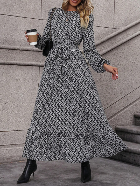 Allover Print Lantern Sleeve Ruffle Hem Belted Dress