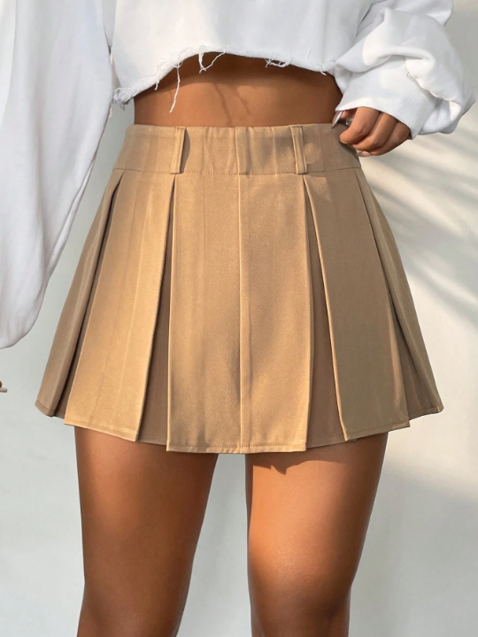 Solid Pleated Detail Skort