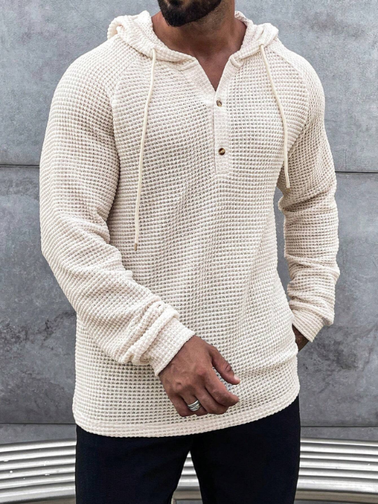 Manfinity Homme Loose Men's Half Button Raglan Sleeve Drawstring Hoodie