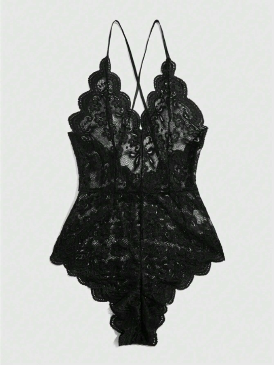 ROMWE Kawaii Floral Lace Scallop Trim Criss Cross Teddy Bodysuit
