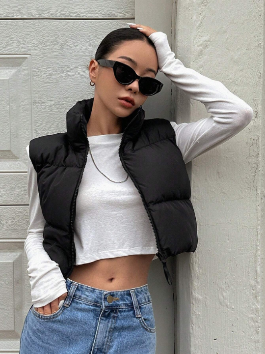 DAZY Zip Up Crop Vest Puffer Thick Coat