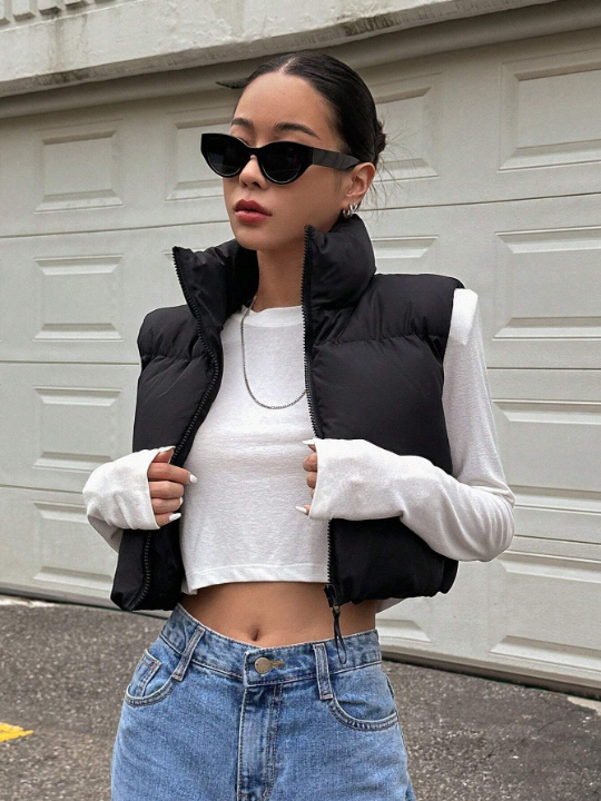 DAZY Zip Up Crop Vest Puffer Thick Coat
