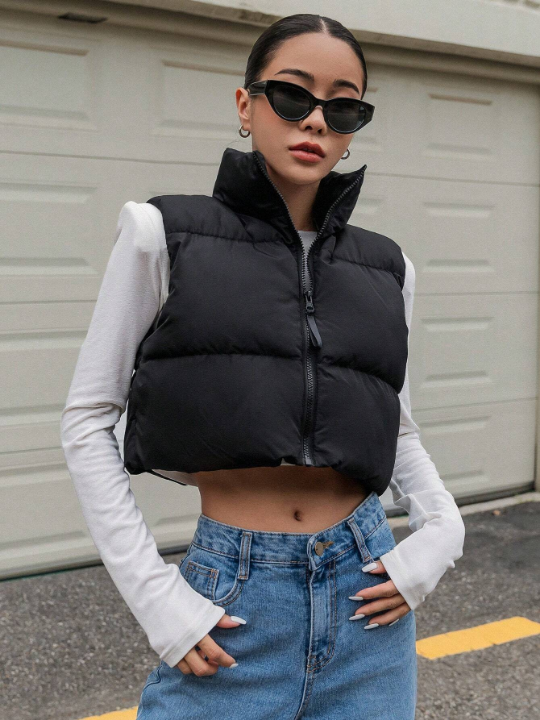 DAZY Zip Up Crop Vest Puffer Thick Coat