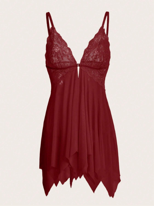 Contrast Lace Asymmetrical Hem Babydoll With Thong