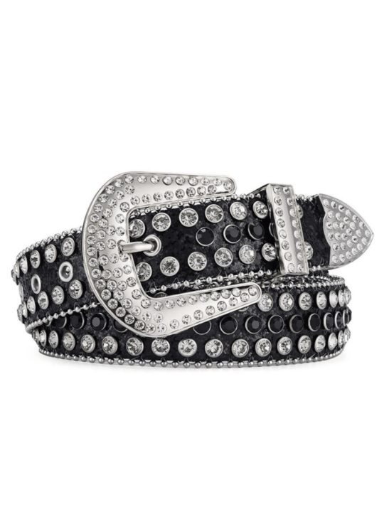 1pc Black-silver Punk Style Jeans Belt With Rivets & Rhinestones, Suitable For Women