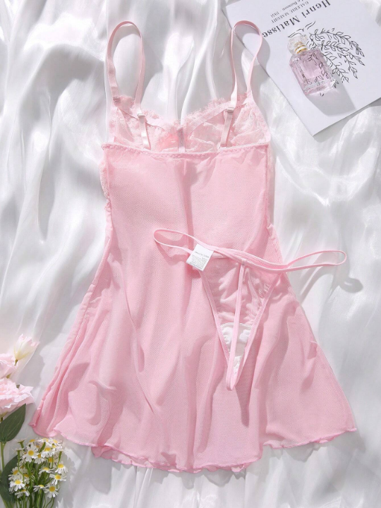 Classic Sexy Contrast Lace Mesh Slips With Thong