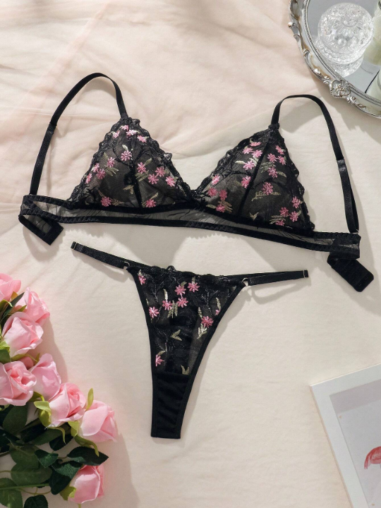 Floral Embroidery Mesh Lingerie Set