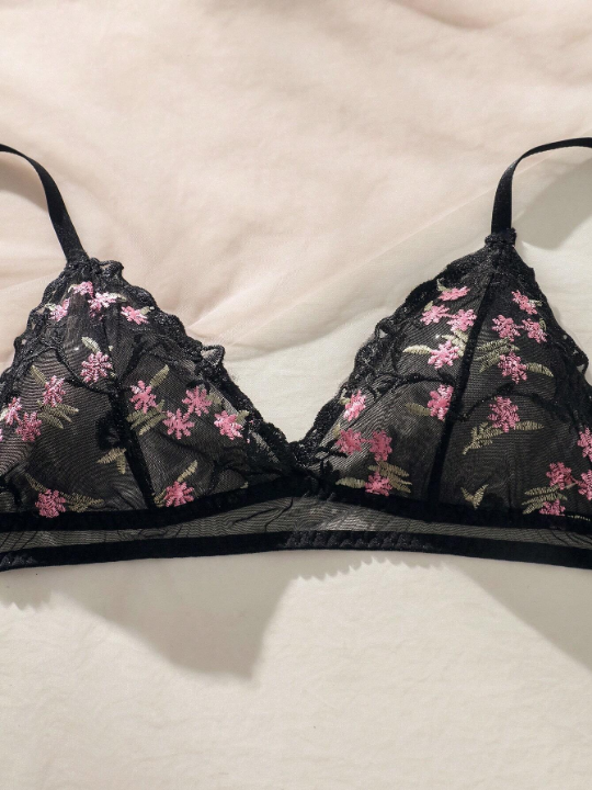 Floral Embroidery Mesh Lingerie Set