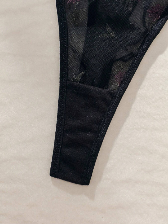 Floral Embroidery Mesh Lingerie Set