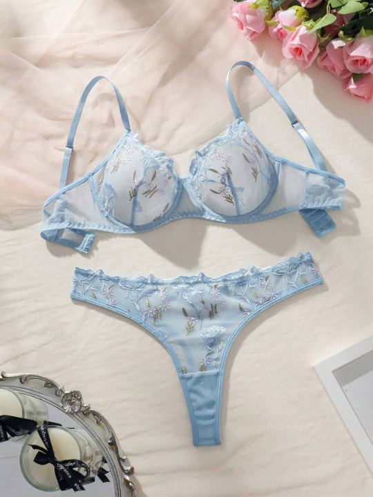 Classic Sexy Floral Embroidery Mesh Underwire Lingerie Set