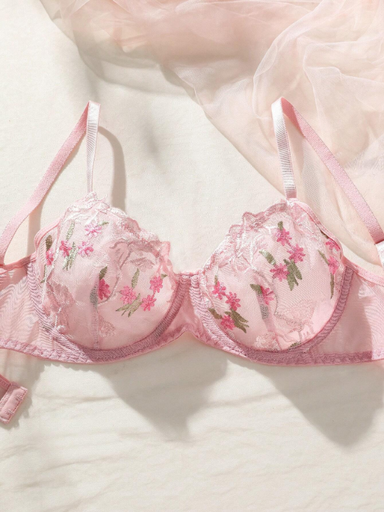 Classic Sexy Floral Embroidery Mesh Underwire Lingerie Set