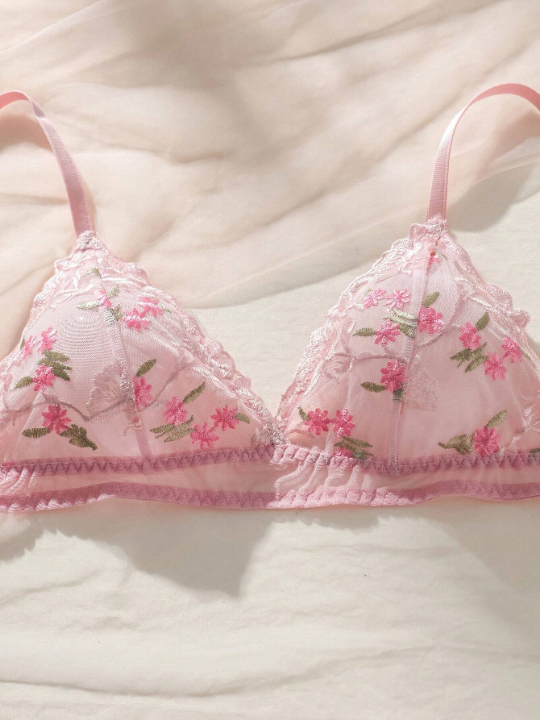Floral Embroidery Mesh Lingerie Set