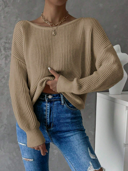 Frenchy Twist Back Batwing Sleeve Ribbed Knit Sweater