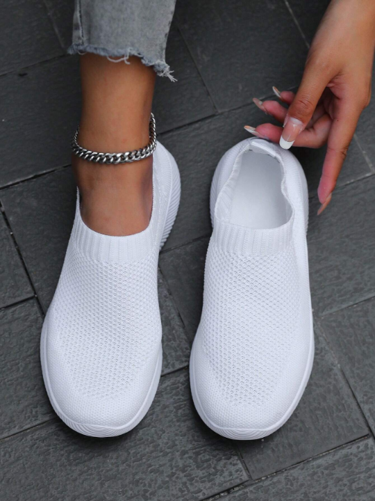 Spring/autumn Stylish & Casual White Knit Lightweight Breathable Slip-on Women's Running Shoes