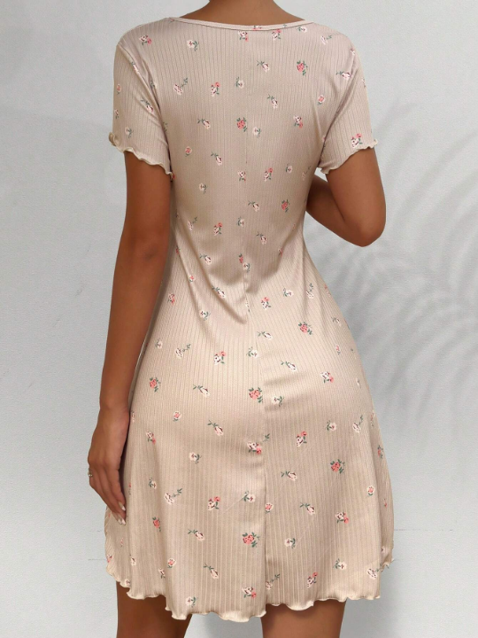 Ditsy Floral Print Lettuce Trim Split Hem Nightdress