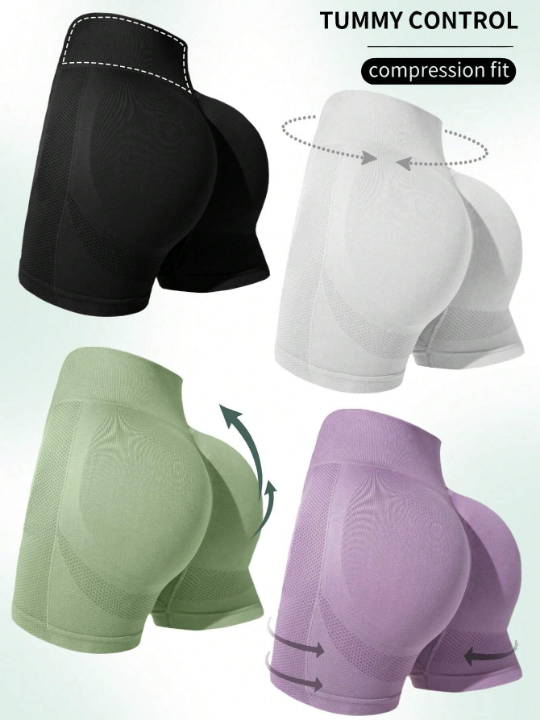 4pcs Seamless High Stretch Solid Wideband Waist Sports Shorts