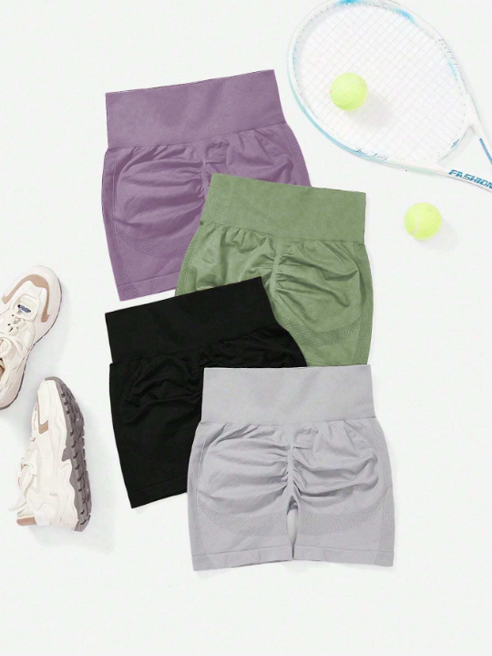 4pcs Seamless High Stretch Solid Wideband Waist Sports Shorts