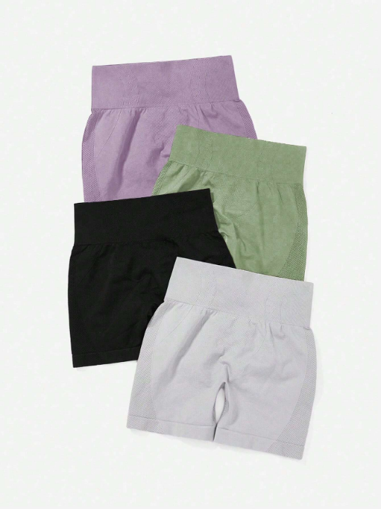 4pcs Seamless High Stretch Solid Wideband Waist Sports Shorts