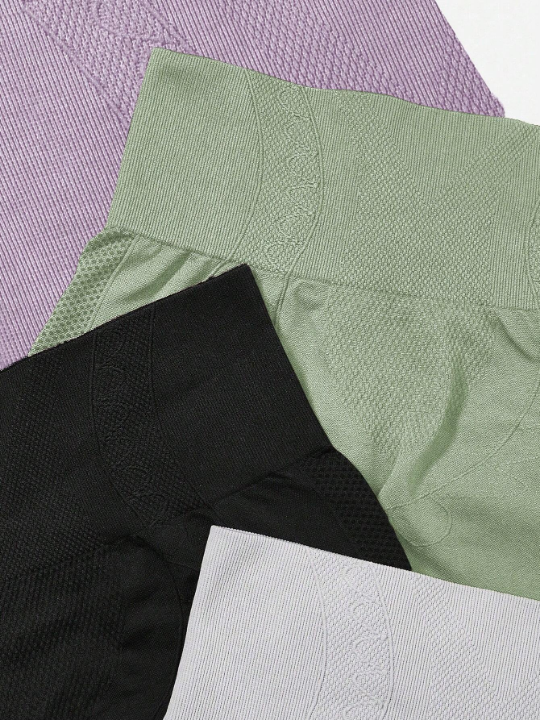 4pcs Seamless High Stretch Solid Wideband Waist Sports Shorts