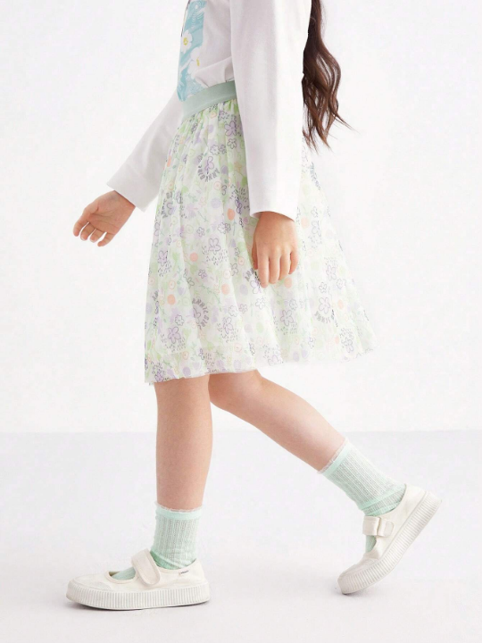 Annil Kids Skirts Spring And Autumn Princess Style Fluffy Design Star Printed Mesh Tween Girls Skirts Green